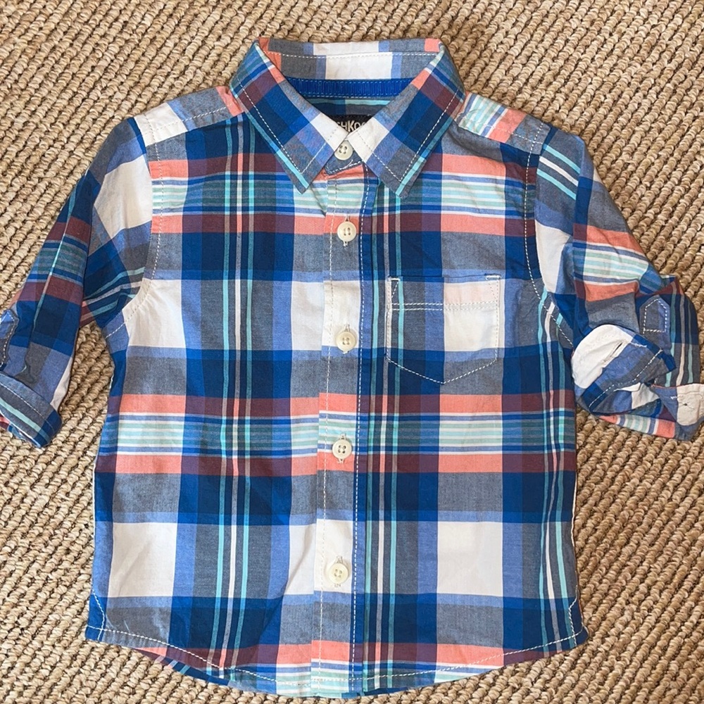 Oshkosh blue white and peach plaid shirt
